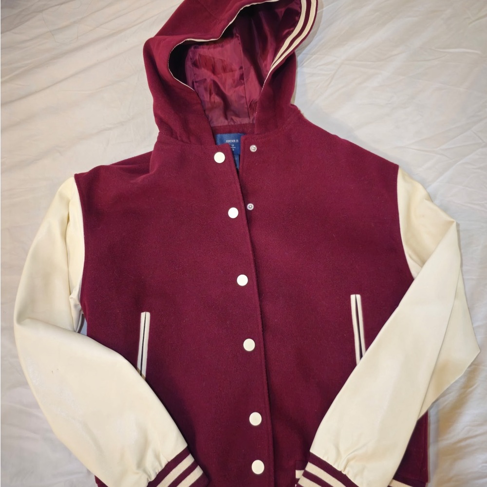 Forever 21 Burgundy and Ivory Varsity Jacket